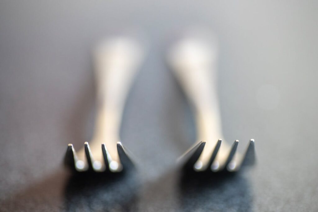 Abstract photo of two forks with artistic blur on a table surface.